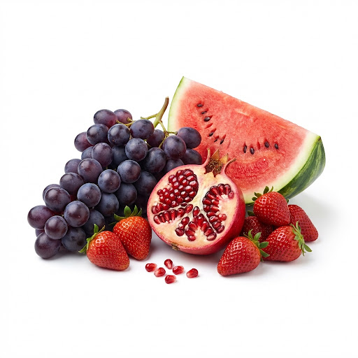 Professional studio photography of fresh berries and pomegranate (strawberries, grapes, pomegranate)