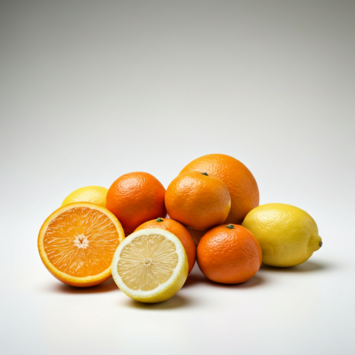 Professional studio photography of fresh citrus fruits (oranges, mandarins, lemons)