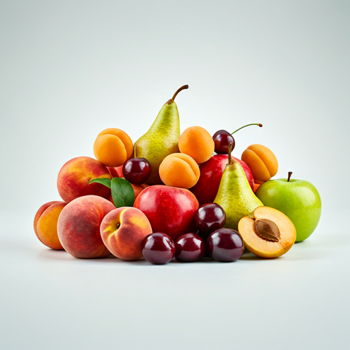A premium, studio-shot editorial photograph of a variety of stone and pome fruits
