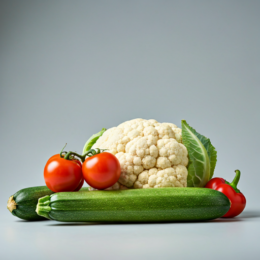 Professional studio photography of fresh vegetables (tomatoes, peppers, zucchini, cauliflower)